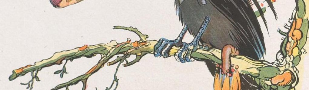 A depiction of a bird in glasses and waistcoat with a wedge of cheese in its beak and an umbrella by its foot sitting on a tree branch. The text reads: "Maitre Courbeau, sur un arbre perche. Tenait en son bec un fromage."