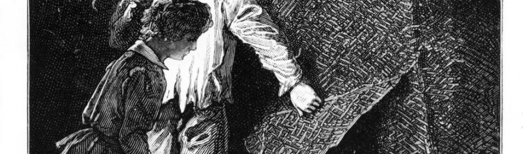 Print of boy helping other children into fort