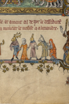 Medieval art of figures holding hands, some with animal heads.