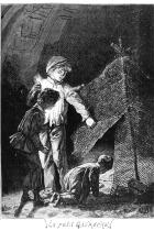 Print of boy helping other children into fort